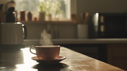 Rare illness patient enjoying a warm tea in a tranquil kitchen. Featuring nourishment and comfort