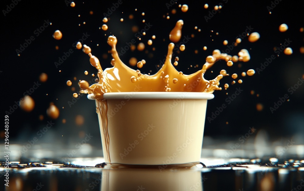 Aufkleber Vibrant cup capturing a splash of orange liquid creating dynamic motion in a bright and colorful setting