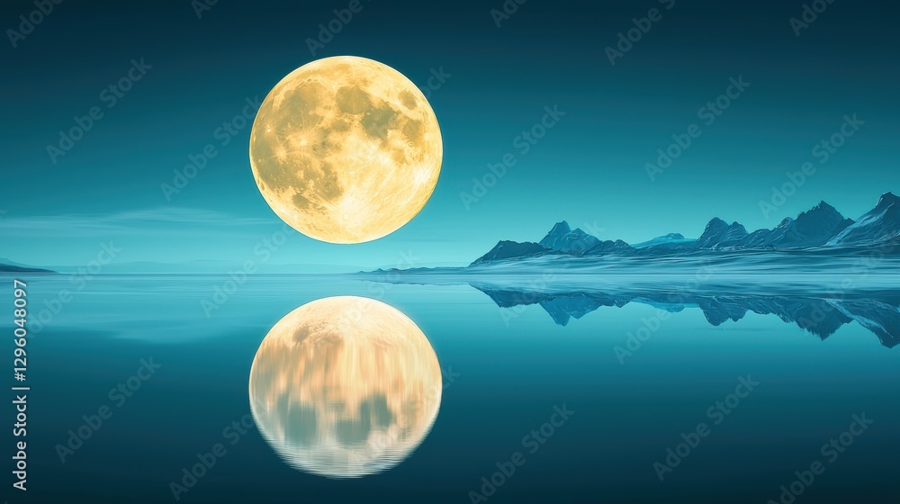 Poster a perfect reflection of the full moon shimmers on the surface of a still lake, creating a mesmerizin