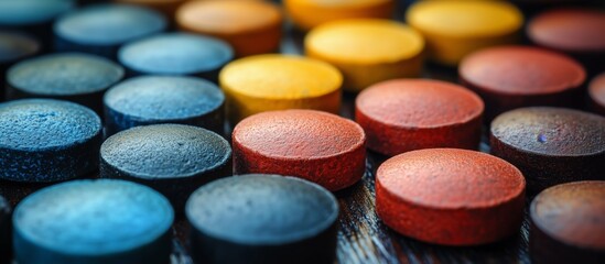 Colorful array of pills for treatment and wellness on a dark surface.