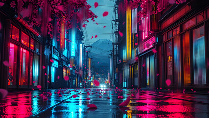 Cyberpunk Alley with Neon Signs and Sakura Petals