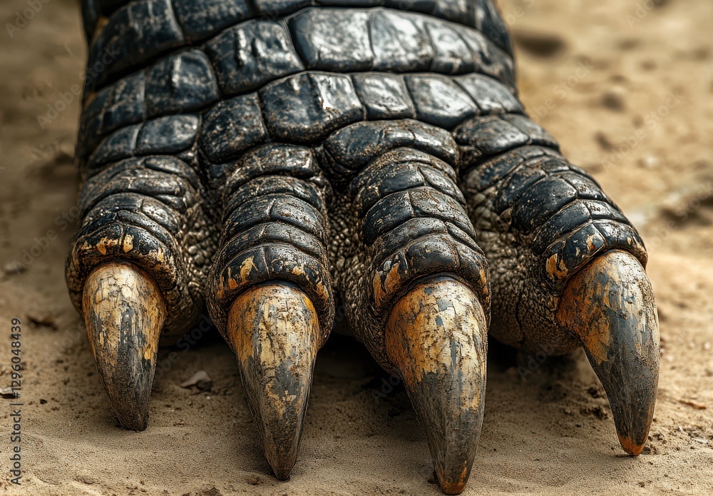 Poster detailed close-up of a turtle foot with sharp claws and textured skin captured on sandy surface in n