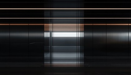 Modern minimalist hallway with sleek black walls and warm lighting