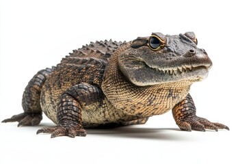 Naklejka premium Detailed Close-Up of a Unique Crocodilian Creature with Distinctive Features and Textured Skin on a Pure White Background