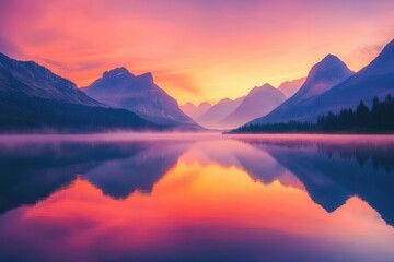 serene lake framed by towering mountains at dusk, fiery pink and orange hues reflecting on still water, misty air adding a mystical veil to the tranquil nature scene.