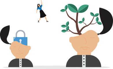 Businesswoman improve or develop ideas with jumping from move on different fixed mindset to a growth mindset on the head human