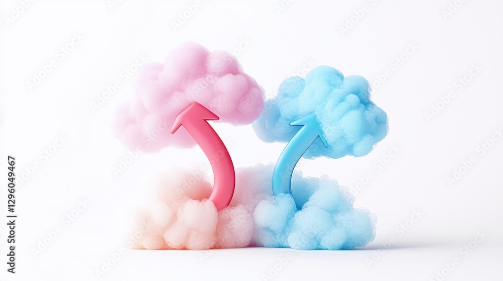 Poster two cloud icons connected by a double headed arrow, one pointing upwards and the other downwards, sy