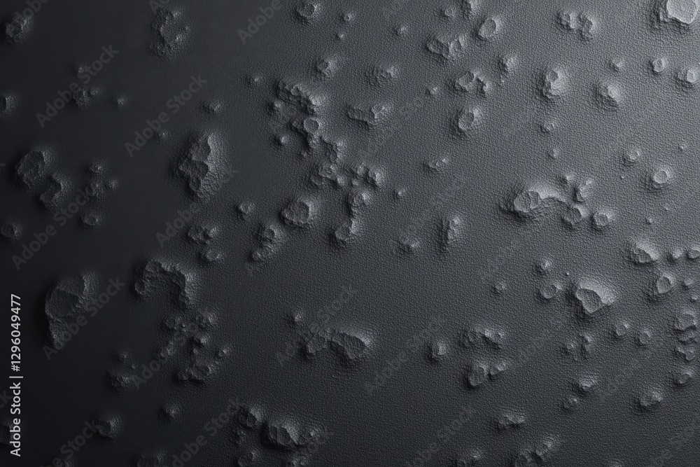 Poster a detailed close-up of a textured dark surface adorned with various size pockmarks and bubbles, evok