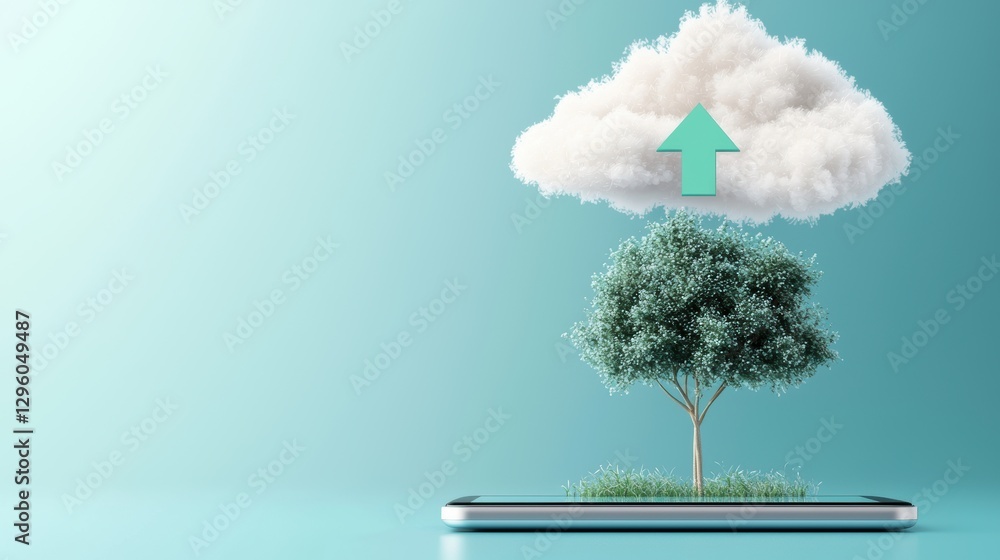 Poster a smartphone icon with a green upward arrow pointing towards a cloud icon above it, illustrating the
