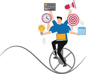 Businessman performing multitasking work Productive master, businessman riding unicycle juggling elements, laptop, calendar, ideas and emails.project management skill