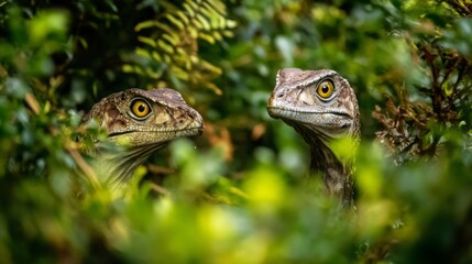 Obraz premium Two fascinating dinosaurs peek through vibrant green foliage. Their curious expressions invite imagination and wonder. Nature meets prehistoric storytelling. Generative AI