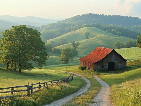 Idyllische Landschaft: Sanfte H&uuml;gel und eine Holzscheune
