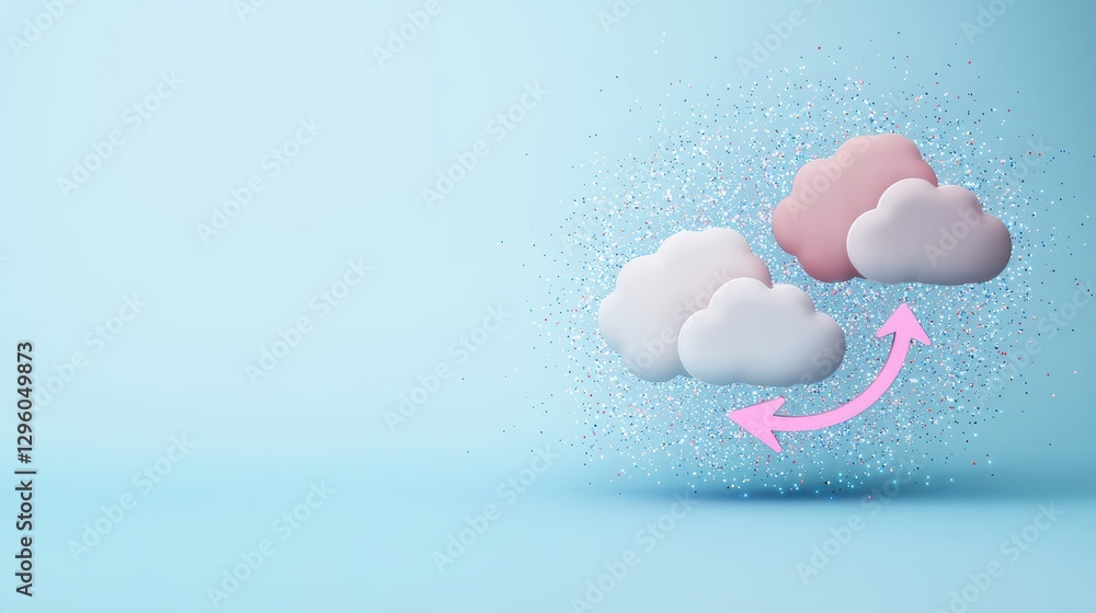 Poster two cloud icons connected by a circular arrow, with data represented as glowing dots flowing between