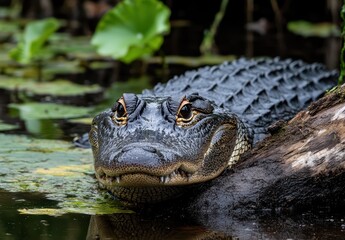 Fototapeta premium Detailed Close-Up of an Alligator Resting Among Lily Pads in a Serene Wetland Habitat, Showcasing Its Textured Skin and Intense Eyes