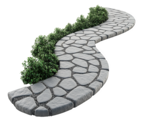 Curved stone pathway surrounded by lush greenery, ideal for gardens or landscaping. This serene path invites relaxation and enhances outdoor spaces