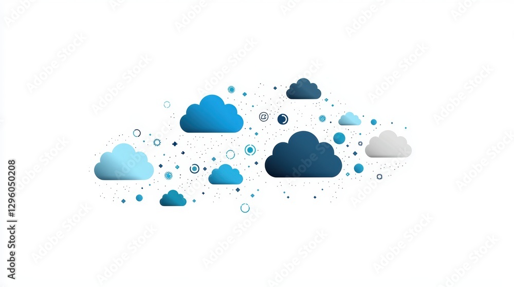 Poster a network of interconnected cloud icons of various sizes and shapes, representing a complex cloud in