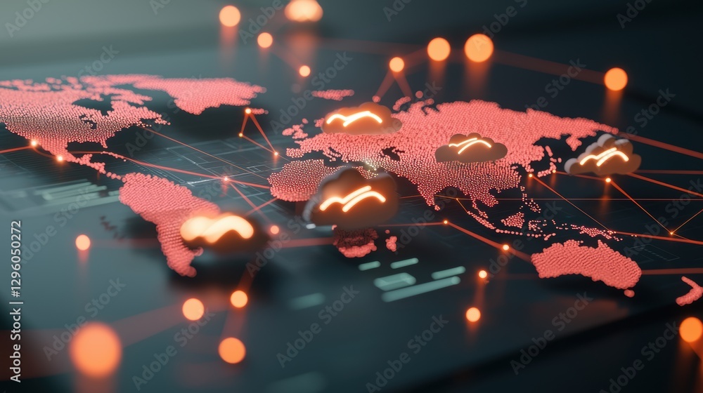 Poster a world map with glowing lines connecting multiple cloud icons, illustrating global data synchroniza