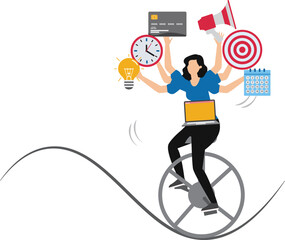 Businesswoman performing multitasking work Productive master, businesswoman riding unicycle juggling elements, laptop, calendar, ideas and emails.project management skill