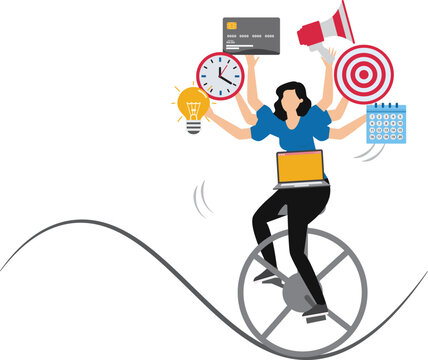 Businesswoman performing multitasking work Productive master, businesswoman riding unicycle juggling elements, laptop, calendar, ideas and emails.project management skill
