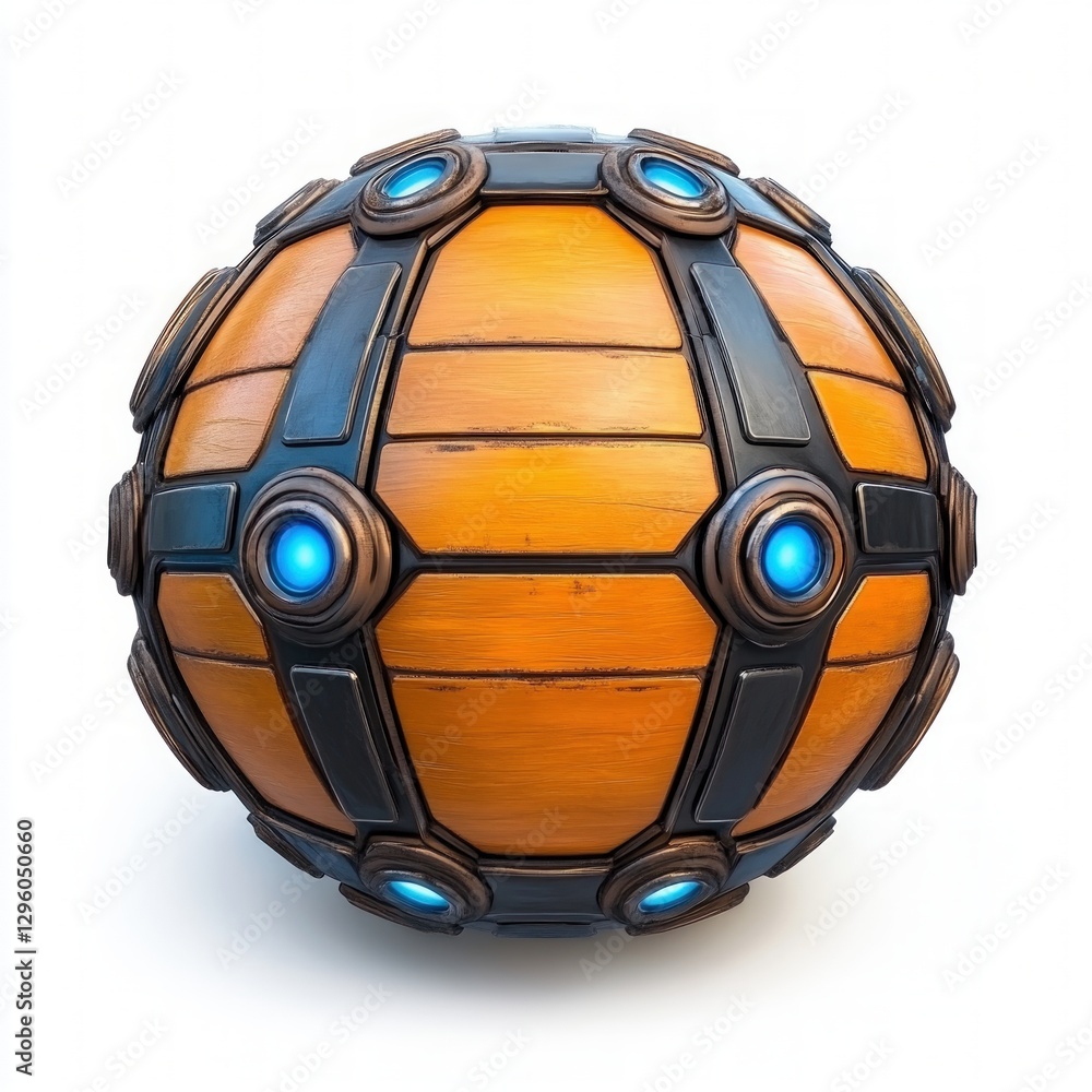 Poster enigmatic wooden sphere illuminated by blue lights, creating a mysterious atmosphere and captivating