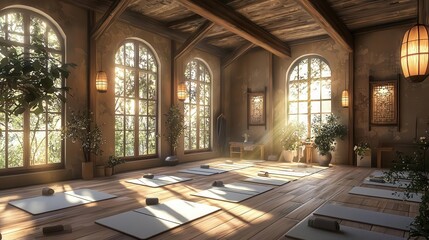 Obraz premium Serene Yoga Studio with Sunlight Streaming Through Large Windows