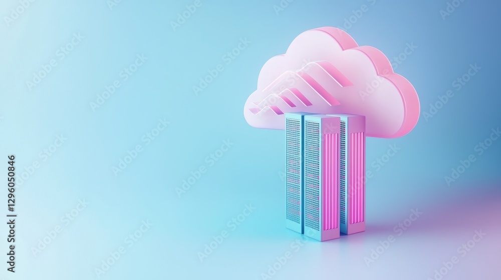 Poster a server rack icon positioned within a cloud icon, representing cloud based servers and data centers