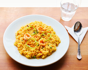 The shrimp pilaf on the table 