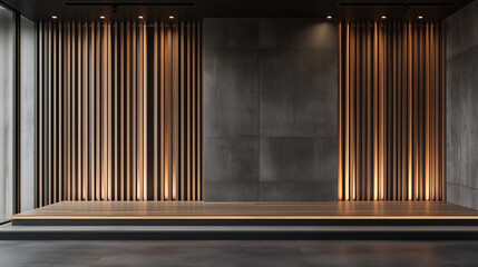 Obraz premium a modern room features a raised platform and a black wall with geometric panels