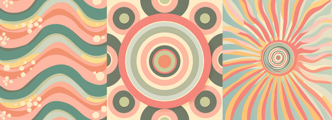 Set of retro groovy pastel colored background patterns. Retro poster with vintage patterns and optical illusions for design elements in vector style.
