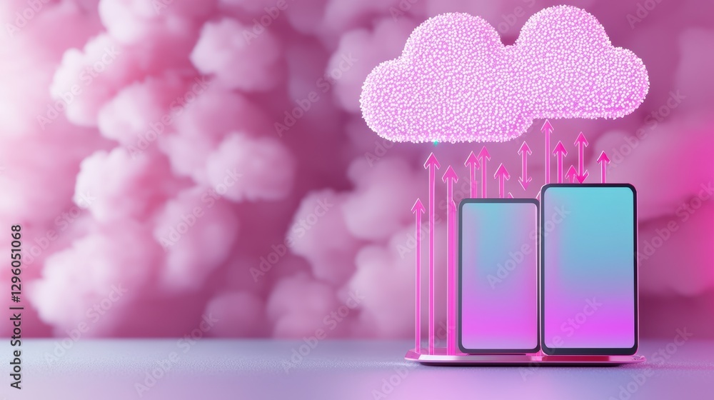 Poster a smartphone and a tablet icon with arrows pointing towards a cloud icon above them, illustrating se