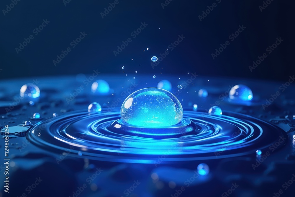 Poster captivating close-up of a blue water droplet on a dark surface creating ripples in a tranquil enviro