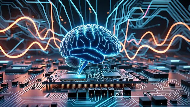 Artificial Intelligence Brain on Microchip with Neural Connections and Electric Circuit in a Futuristic High-Tech Concept

