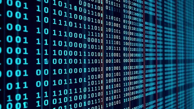 Abstract representation of binary code flowing down a digital screen, symbolizing data processing