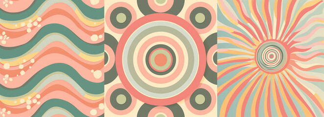 Fototapeta premium Set of retro groovy background patterns in pastel colors vector illustration for design elements retro poster with vintage patterns and optical illusions.