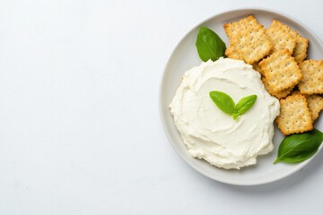 Creamy dip garnished with fresh basil paired with crunchy cracke