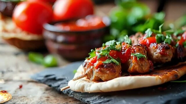 Delicious lula kebab, a traditional middle eastern dish, served on pita bread with tomato sauce and fresh parsley