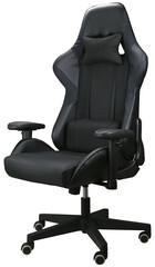 Black gaming chair on wheels with high back isolated on a transparent background. Completely in focus. Focus stacking.