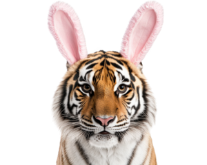 tiger with pink bunny ears looking confused and adorable, blending fierce and playful elements in whimsical manner