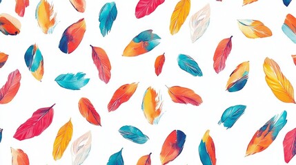 Vibrant watercolor feathers scattered on white background. Colorful, artistic, and cheerful.