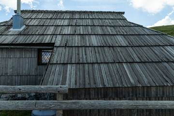 Velika Planina, Kamnik, Slovenia. Lord of the Rings style village. Wooden typical houses, hills,...