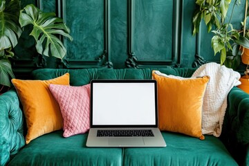 Laptop rests on a green velvet couch among pillows and plants