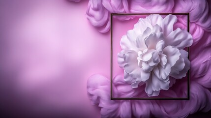 Soft pink fabric backdrop with a framed white peony.
