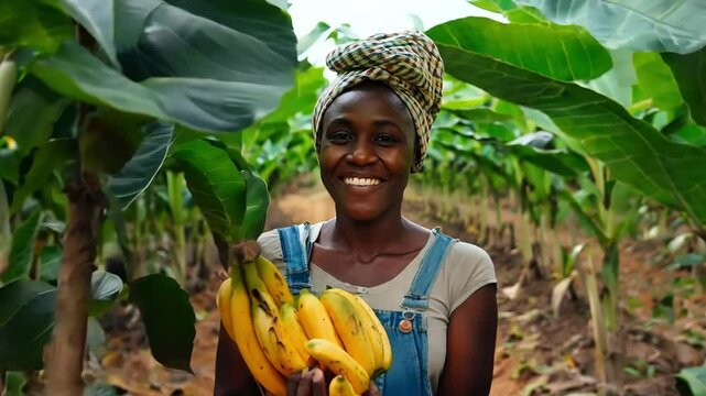 Smiling African woman holding bananas in her hands. Harvest and gathering fruits concept.
