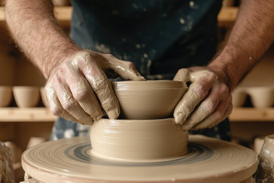 Hands shaping clay on pottery wheel, creating unique ceramic pie