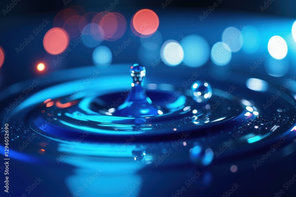 Poster a close-up of a single water drop creating ripples in a blue surface under soft light, capturing the