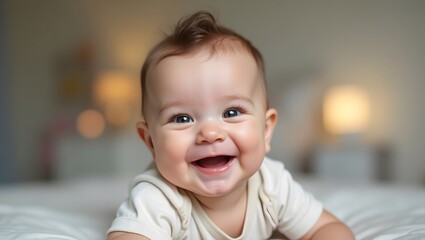 photograph of a cute, smiling baby boy with a happy expression