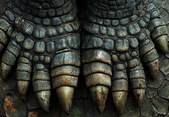 Fototapeta premium Detailed Close-Up of Lifelike Reptilian Feet with Scaly Textures and Sharp Claws on a Stone Background