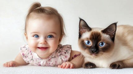 A heartwarming portrait featuring a cute blue eyed cat and an adorable baby girl, smiling happily at the camera on a bright background. Human and animal love and friendship concept.
