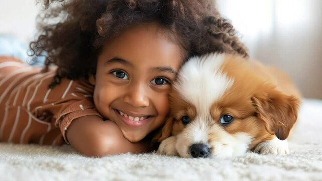 A little girl tenderly hugs her puppy and lies on the bed in a bright bedroom in the morning. Friendship concept between child and pet, copy space for text
