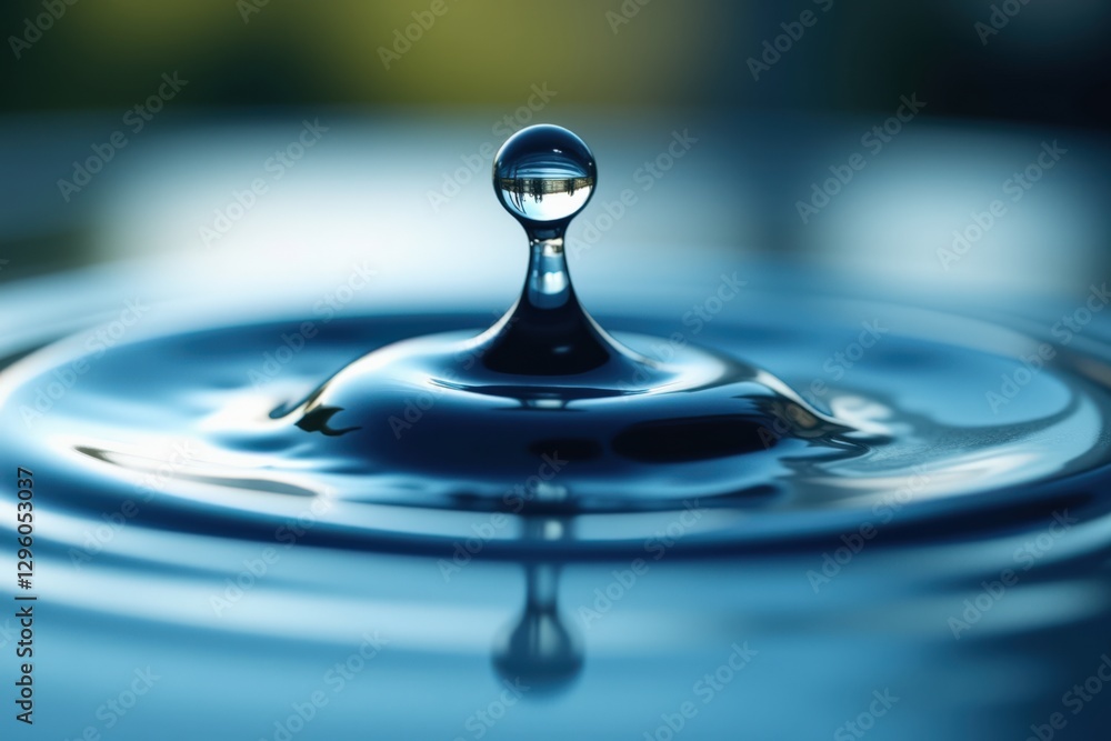 Poster a close-up of a water droplet creating ripples on a calm surface, showing the intricate details and 